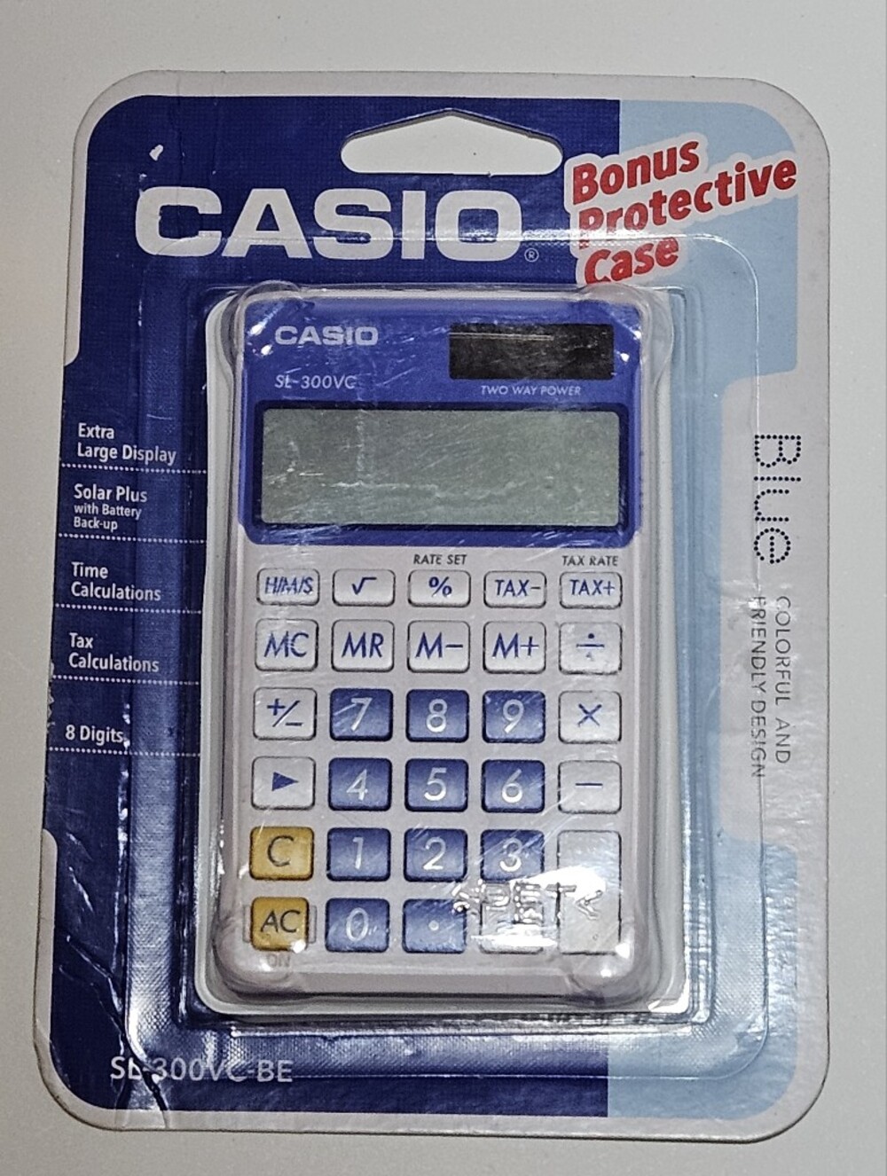 NEW NIP Casio Calculator SL-300VC-BE Blue 8 Digits w Wallet Style Case